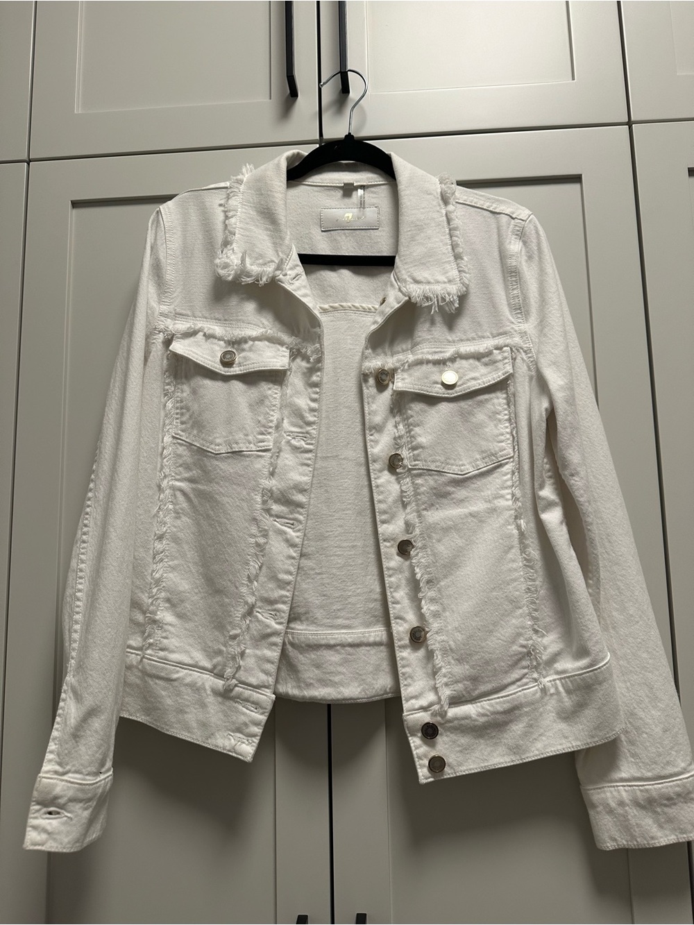 7 For All Mankind White Frayed-Collar Denim Jacket